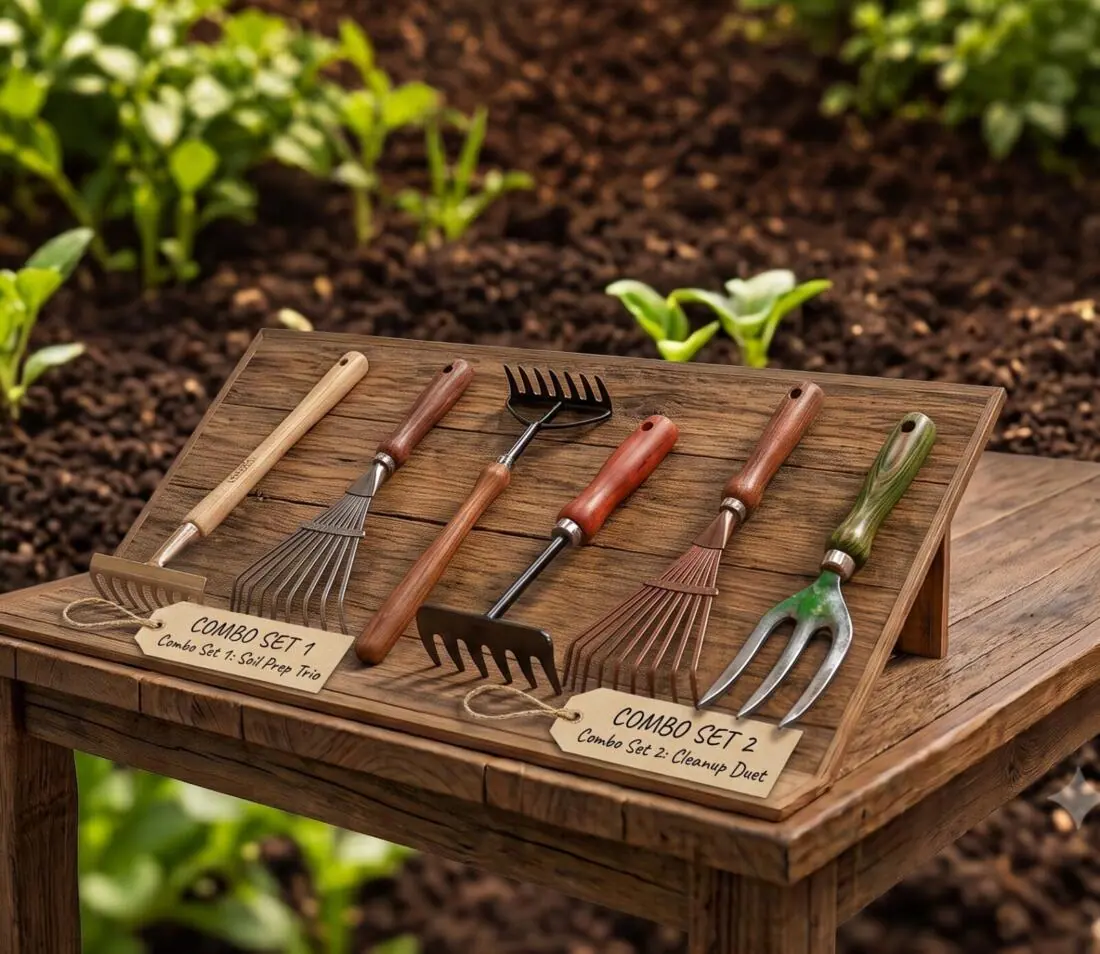Garden tool set with trowel, fork and weeder on a wooden display