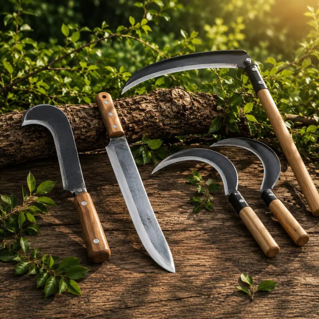 Sickles, bill hooks and a garden sword laid on a log