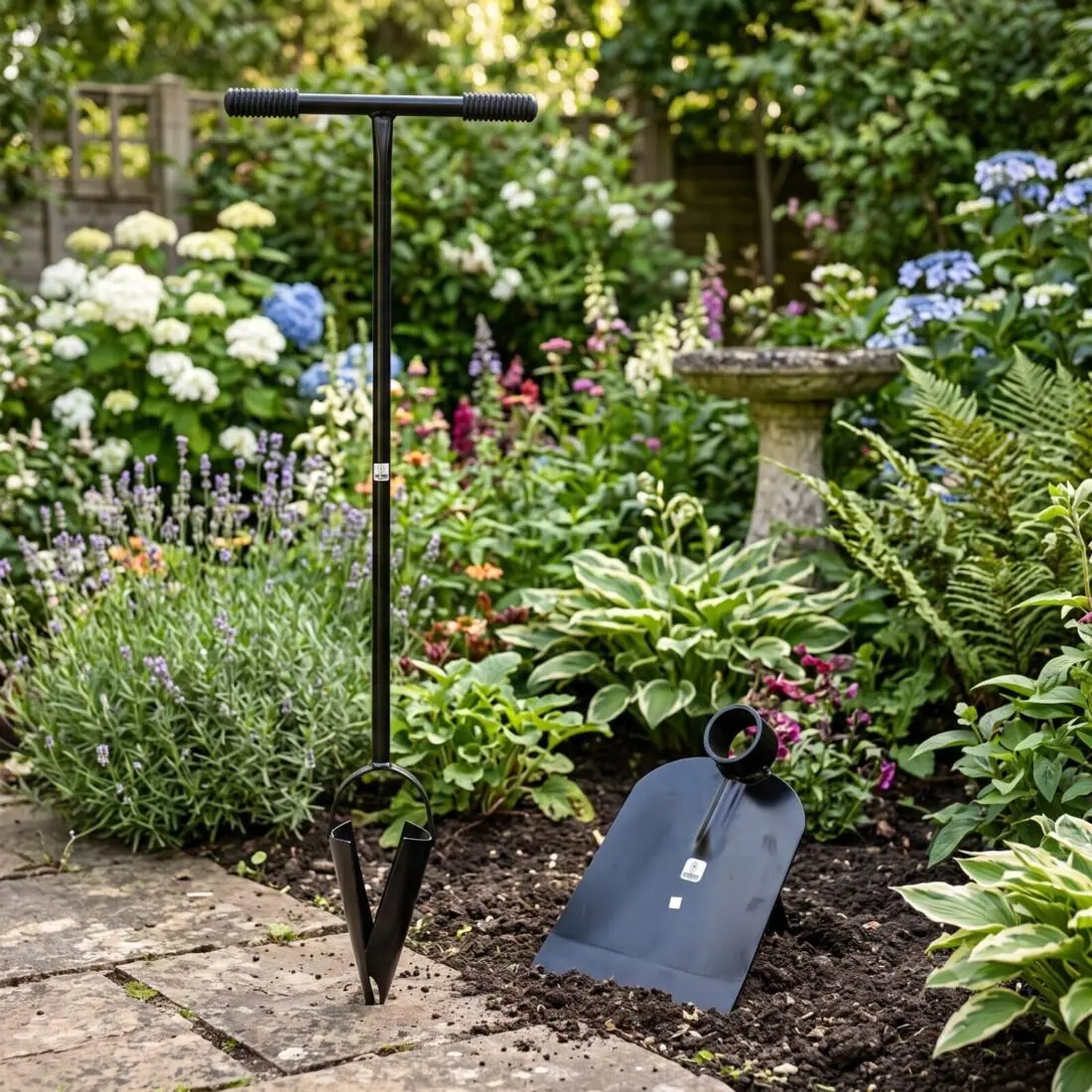 Earth auger and digging spade in a garden