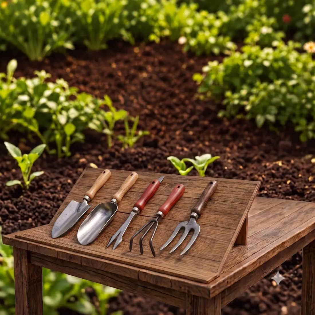 Garden hand tools on a wooden table outdoors