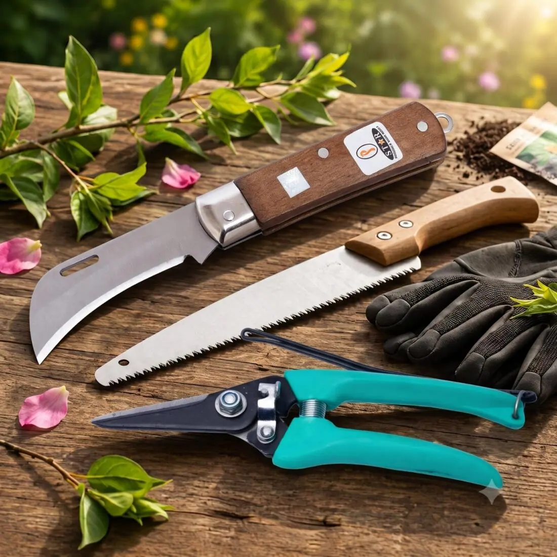 Pruning saw, pruning knife and secateurs on a garden table