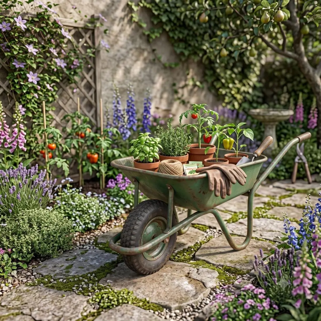 Wheel barrow carrying potted plants in a garden