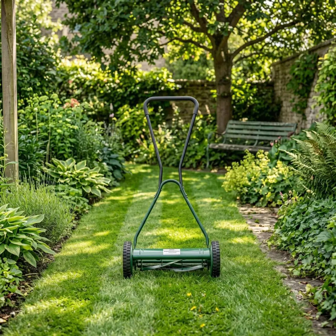 Manual push reel lawnmower on a garden lawn