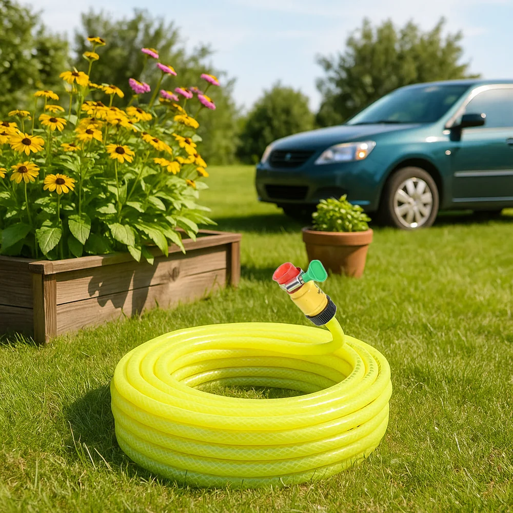 Coiled garden hose pipe with a spray nozzle on a lawn