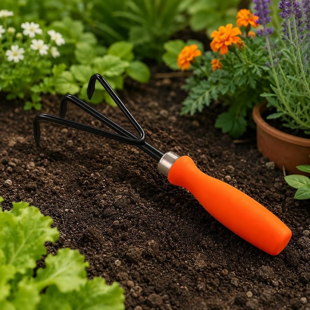 Hand cultivator with three prongs and an orange handle in garden soil