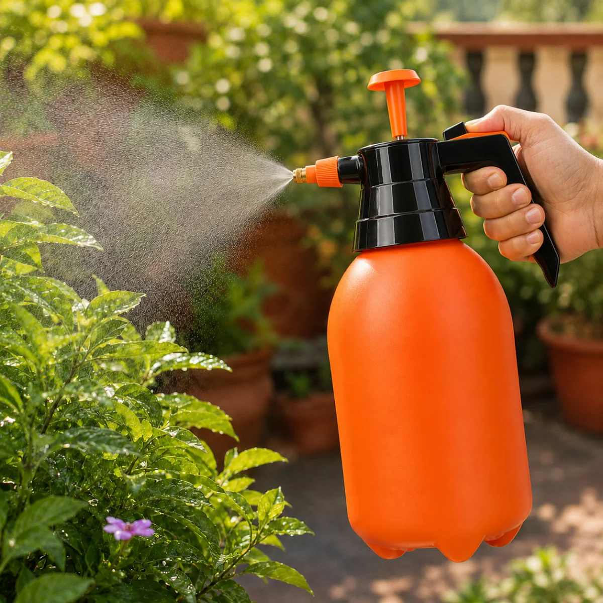 Orange hand pressure sprayer misting garden plants